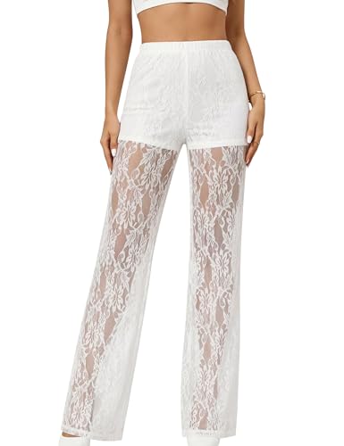 Lace Pants for Women Sexy See Through Sheer Floral Pants High Waisted Straight Leg Long Pants Stretchy Club Wear Going Out White M