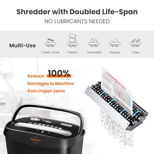 Image of VidaTeco Micro-Cut Paper Shredder 10-Sheet Shreds Paper /Card /Staple /Clip Paper Shredder for Home Office Security Level P-4 Jam Proof System 15L Pullout Basket