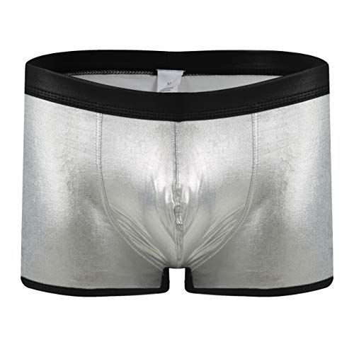 iYunyi Men Shiny Liquid Metallic Underwear Bikini Swimsuit Boxer Brief Trunks (Silver, X-Large)