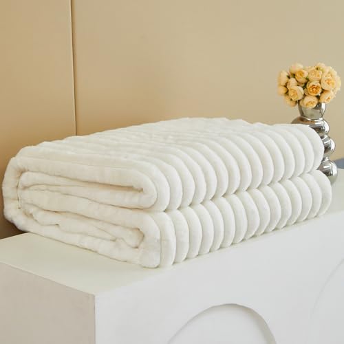 Faux Fur Plush Throw Blanket, Double Sided Fluffy Fuzzy Blanket, Luxury Cozy Plush 360GSM Blanket for Couch, Sofa, Bed, Living Room (White, 100x160cm)