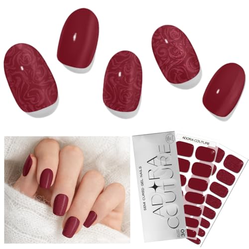 Adora Couture Semi Cured Gel Nail Strips, 30 Pieces, Red Burgundy with Rose Pearl Shimmering, UV Gel Nail Stickers, Salon Quality Nails, UV Light Required
