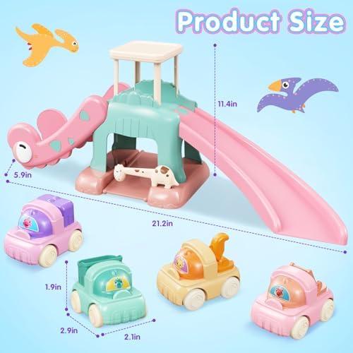 CRATIVWOOD Dinosaur Car Ramp Slide Toy for Toddlers — 4 Push Cars with Race Track, Baby Slide Indoor Toy, Montessori Learning Birthday Gift for Boys Girls 1 2 3 Year Old (Pink) — view 2