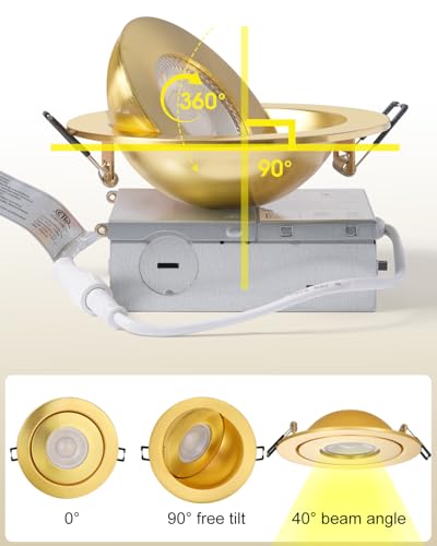 Image of POPANU 4 inch LED Recessed Light - 9W Gold Gimbal Recessed Lighting Canless Soffit Swivel Eyeball 90 Tilt Wafer Slope Ceiling Adjustable Spotlight Dimmable for Accent Lighting Gold 6 Pack