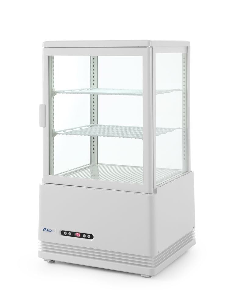 HENDI Vitrina expositora refrigerada, descongelación automática, sistema antivaho, 2 estantes, iluminaciónED, etiqueta energética C, 58L, 230V, 170W, 452x406x(H)816mm, Blanco, ABS, doble cristal