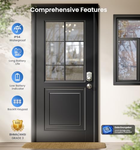 Image of Veise Fingerprint Door Lock with 2 Knobs - Keyless Entry Door Lock with Handle, Electronic Keypad Deadbolt, Smart Front Handle Set, Auto-Locking, Waterproof, Easy Installation, Satin Nickel