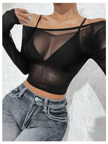 SHENHE Women's Off Shoulder Sheer Mesh Cropped Tee Long Sleeve Sexy Slim Fit Shirt Top3