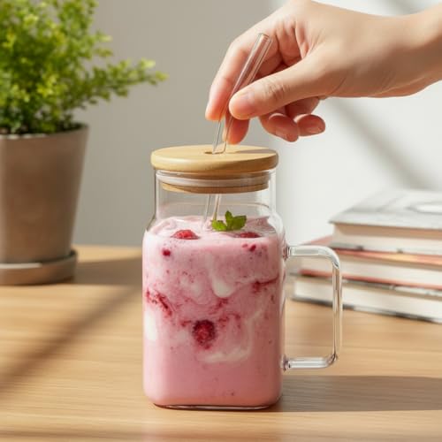 Image of ginoya brothers 600ml Mason Jar with Natural Bamboo Lid, Reusable Glass Straw & Handle | Leak-Proof Silicone Seal Glass Cup for Hot & Cold Beverages (PACK OF 1)