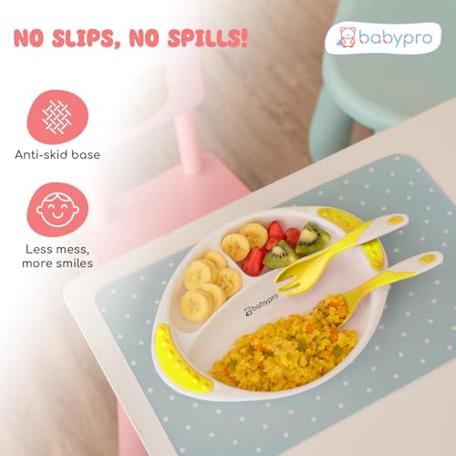 Image of BabyPro Feeding Plate Set with Spoon & Fork for Toddlers, Yellow 1+ Years | BPA-Free, Non-Toxic, Easy-Grip Handles, Pefrect Size Baby Meal Set for Kids