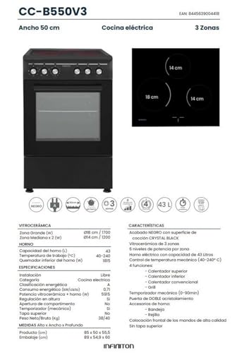 INFINITON Cocina con Horno CC-B550V3, Vitroceramica 3 Zonas, Horno Electrico 43 L, 6 Niveles de Potencia, Grill, Doble Acristalamiento, A, Negro - imagen 3