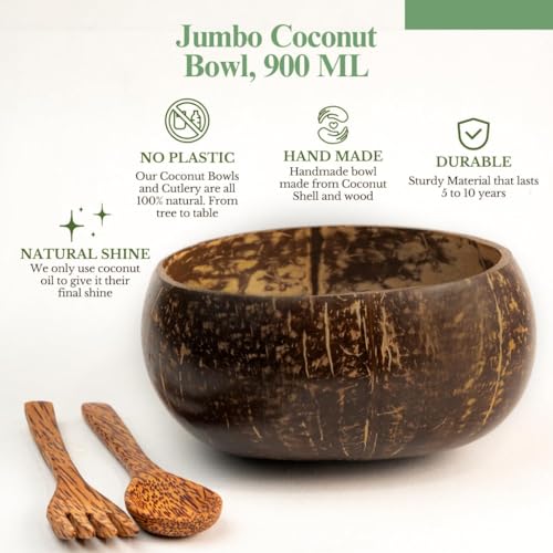 Image of Thenga Jumbo Coconut Shell Bowl - 900 ML | Eco-Friendly Handmade Dish with Coconut Wood Spoon for Smoothie, Salad, Breakfast & More | Natural Artisan Tableware - 20 Bowl + 20 Spoon