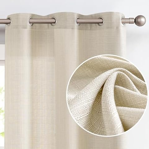Vangao Beige Linen Textured Farmhouse Curtains 84 Inches Long for Living Room Bedroom Grommet Top Light Filtering Casual Weave Window Drapes 2 Panels Cover
