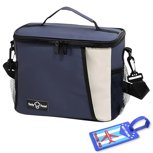 Image of OCEANEVO Insulated Lunch Bag with Luggage Tag, Tiffin Bag for Office with Handle and Shoulder Strap for Men and Women - 25 x 17.5 x 20 Cm - Navy Blue