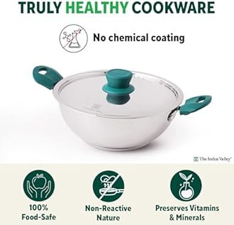 The Indus Valley Stainless Steel Cookware Set 3-Layer Thick Bottom - Set Of 5Pcs | Fry Pan (22.8Cm/1.5L)+ Kadai (22.6Cm/2.1L) + Sauce Pan (16.9Cm/1.5L) | Kitchen Cooking Combo Pots & Pans, Silver