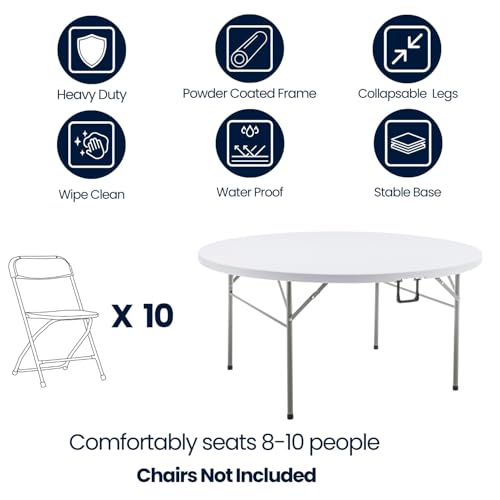 Image of BTEXPERT White 5 Ft 60inch Round Plastic Folding Table Commercial Portable Indoor Outdoor Accessory for Patio Backyard Dining Wedding Party Events Home Kitchen