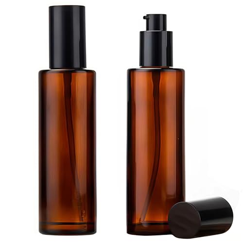 2PCS 100ML/3.4oz Amber Frosted Glass Emulsion Pump Bottle Empty Dispensers Bottle Makeup Packing Storage Container with Black Cap for Essential Oil Foundation Cream Lotion