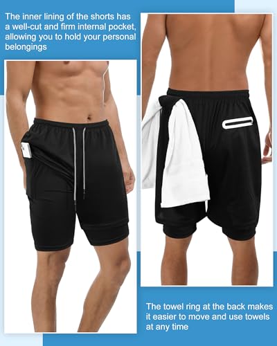 Sureio 3 Pcs Men's 2 in 1 Running Shorts 7 Inch Quick Dry Athletic Workout Shorts with Liner Phone Pockets Towel Loop4