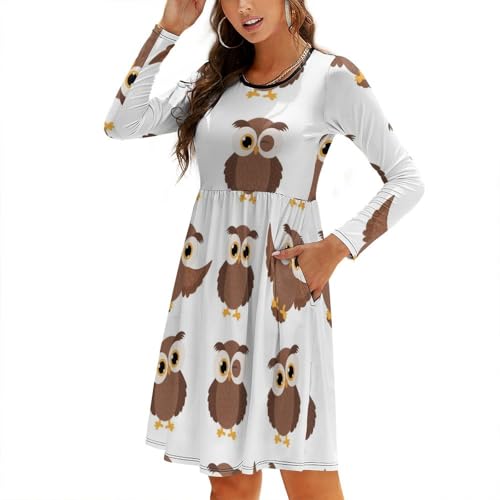 Fall Dresses for Women 2024 - Simple Owl Print Long Sleeve Flowy Midi Casual Dresses for Women Black