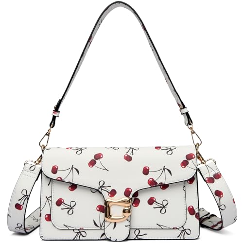 Travistar Crossbody Bags for Women Small - Cherry Print Faux Leather Cross Body White Purse Trendy Shoulder Bag Elegant Satchel Handbags Designer Evening Clutch Purses with 2 Leather Straps