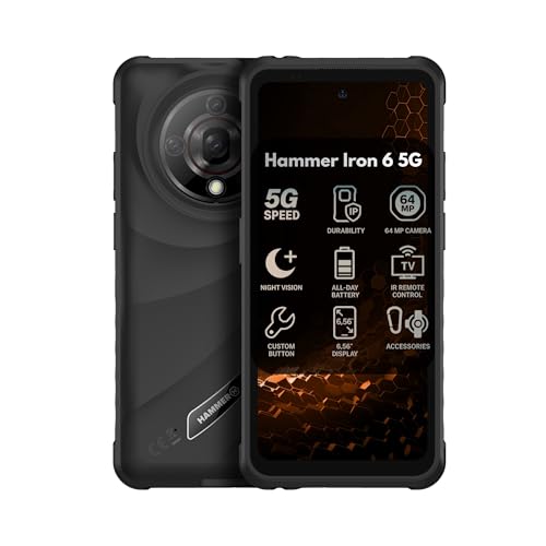 Hammer H Iron Teléfono móvil para Exteriores, sin Contrato, 8/256 GB, 5G, Pantalla de 6,56'' y 120 Hz, 6050 mAh, 65 MP, Android 15, NFC, biometría, Radio FM, Conector de 3,5 mm, Doble SIM, Negro