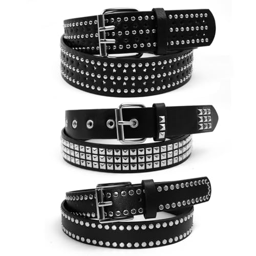 3 Pcs Studded Belt, Y2K Goth Punk Rock Gothic Belt, Black, Size 33-38 inch, Unisex-Adults
