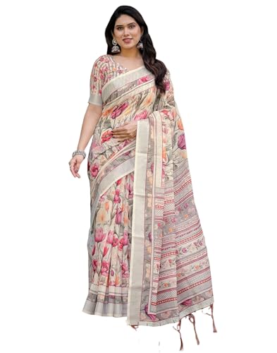 Image of SIRIL Women's Cotton Linen Printed Saree with Unstitched Blouse Piece