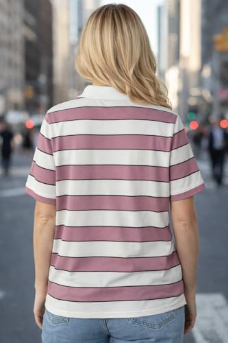 Image of Mack Jonney Women's Striped Polo T-Shirt | Half Zip Collar | Half Sleeve Cotton Casual Top | Relaxed Fit-M7496