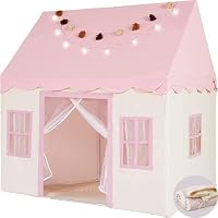 Large Kids Play Tent with Mat, XICEN Play Tent Indoor with Star Lights and Windows, Playhouse for Boys and Girls Aged 3+, Kid Tent with Mat Washable (Pink)