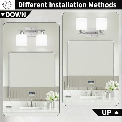 Image of Brushed Nickel Bathroom Light, Anti-Rust Finish 2 Light Bathroom Vanity Light Brushed Nickel, Milky White Frosted Glass Shades, E26 Socket
