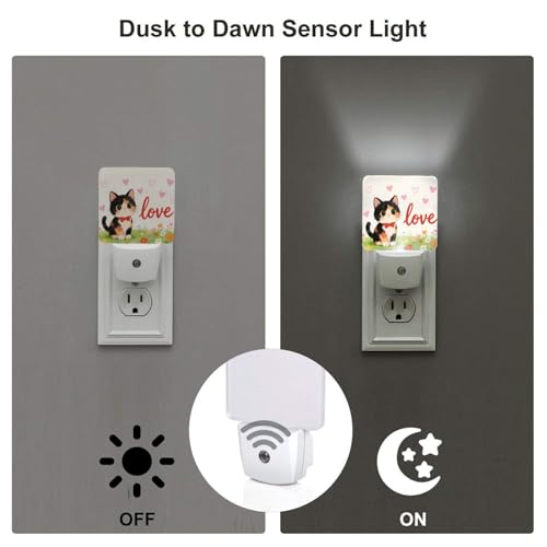 Image of Love Hearts Cute Cat Flowers Night Light 2-Pack, Auto Sensor LED Plug-in Nightlights Set of 2 for Bedroom Bathroom Corridors