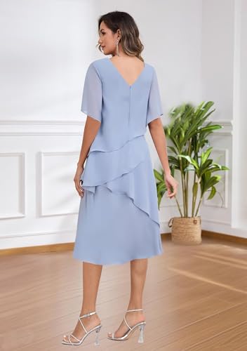 Tea Length Mother of The Bride Dresses for Women Chiffon Sequin Neck Short Sleeve A Line Formal Evening Gown2