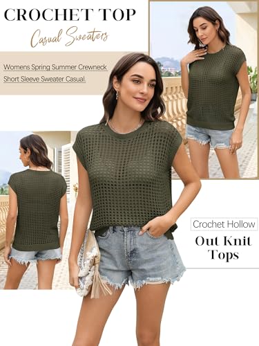 Image of Womens Summer Crochet Tops Hollow Out Cap Sleeve Cover Up Tank Top Pullover Sweater Vest Beach Vacation Clothes