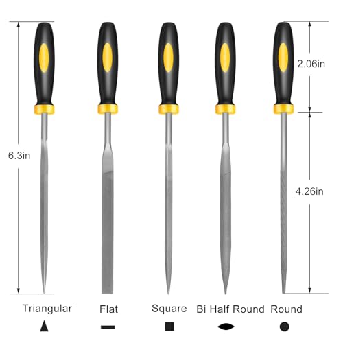 Zigdiptek Mini Metal Needle File Set, 5pcs, Small Hand Files Set for Detail and Precise Work, Hardened Alloy Strength Steel File Tools Includes Round, Bi Half-Round, Flat, Square, Triangular File