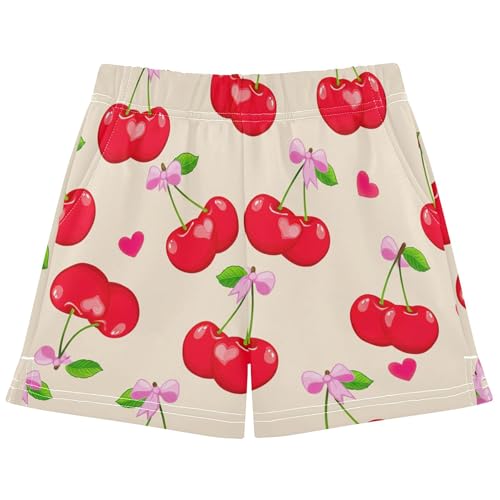 Girls Athletic Lounge Shorts Red Cherries Beige Print Soft Casual Summer Kids Pajama Sleep Activewear, X-Small