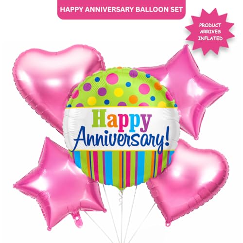 Image of Wanna Party Happy Anniversary Foil Balloon Set of 5 for Decoration | 1 Round Anniversary Balloon (18 Inch) + 2 Pink Heart Balloons + 2 Pink Star Balloons | Helium Supported Party Decor
