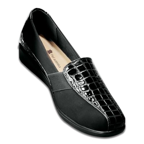 GALERIA DEL COLECCIONISTA Zapatos de señora Alto Confort Horma Extra-Ancha Especial. Fáciles de Poner: Ajustables. Plantilla Piel, Suela Antideslizante, cómodo Tacón de Cuña: Flexibles y Elegantes