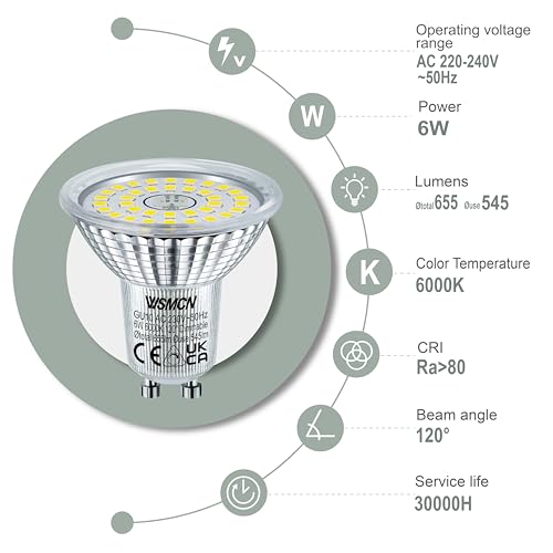 WSMCN GU10 LED Bulbs Dimmable 6W, Cool White 6000K 545LM, 75W Halogen Equivalent, 120° Beam Angle, Flicker-Free Spotlight, Pack of 6 - Image 2
