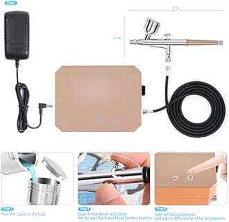 Gocheer Airbrush Kit with Air Compressor, 40 48 PSI High Pressure Air Brush Non-Clogging with 0.2/0.3/0.5mm Nozzle/Cleaning Sets, Ideal for Painting, Modeling, Cake Decor, Makeup (Gold, 48 PSI)