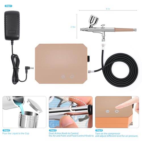 Gocheer Airbrush Kit with Air Compressor, 40 48 PSI High Pressure Air Brush Non-Clogging with 0.2/0.3/0.5mm Nozzle/Cleaning Sets, Ideal for Painting, Modeling, Cake Decor, Makeup (Gold, 48 PSI)