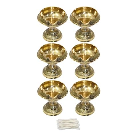 Universal Hub Oil Lamp Brass Diya 6 Pcs Lamp Metal Oil Lamp Indian Puja Lamp Navratri Pooja Diya For Hindu Temple Decoration Kuthu Vilakku Diya Set Free 50 Cotton Wick Cover