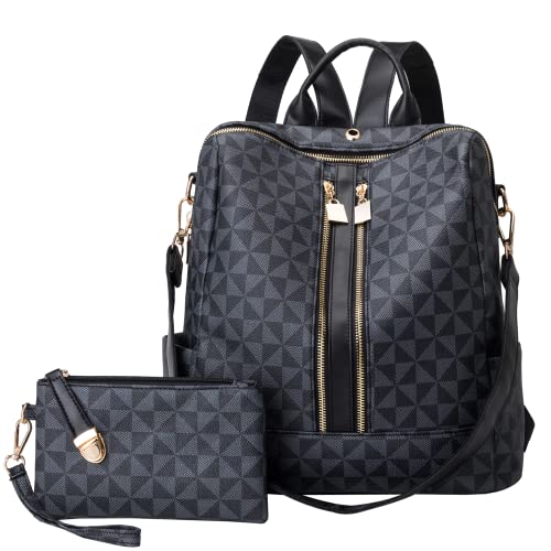 Kiepoar Damen Rucksack aus PU Leder mit Wallet, Stilvoll Tasche Diamantmuster Lederrucksack mit Schultergurt als Umhängetasche, Elegant Backpack Große Mode Bag für Arbeit Schule Reise