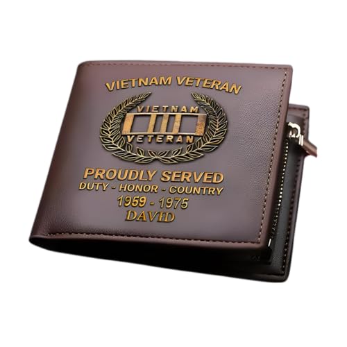 Vietnam Veteran Men's Leather Bifold Wallet - Proud Veteran Army Soldier Gift - Custom Engraved Wallet For Husband Dad Grandpa - Vietnam War Memorial Gifts