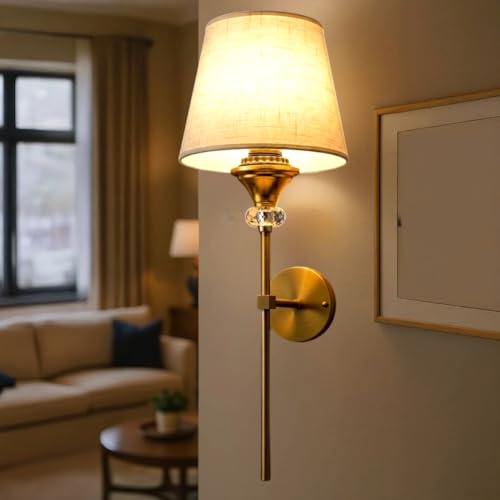 Image of Groeien Gold Crystral Fabric Shade Contemporary Brass Finish Wall Lamp for Bedroom, Livingroom, Indoor(Bulb is Included)(Fabric-Gold Crystal, 1)