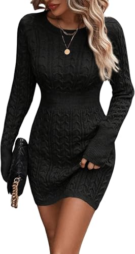 ELFIN Strickkleid Damen Bodycon Pulloverkleid Elegant Herbst Winterkleid Rundhals Langarm Freizeitkleid Cable Knit Sexy Minikleid (M, Schwarz)