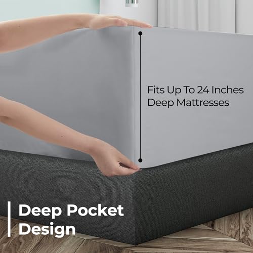 Image of Royale Linens Extra Deep Pocket Full Fitted Sheet Only - Full Size Deep Pocket Silver Fitted Sheet - Fits 18 inch to 24 inch Thick Mattress - Soft & Breathable Elastic Sheets (54x75 Inches, Silver)