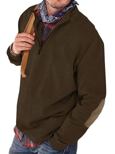 Angbater Men’s Polo Shirts Lapel Collar Zipper Up Pullover Mock Neck Long Sleeve Golf Polo Sweatshirts with Elbow Patches