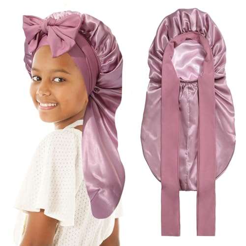 AWAYTR Kids Long Hair Bonnet for Sleeping - Double Layer Girls Elastic Satin Bonnet with Tie Band for Braid Curly Hair