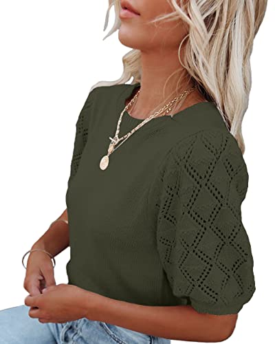 Image of Womens Short Sleeve Sweaters Crewneck Knit Pullover Tops 2025 Summer Casual Lightweight Crochet Blouse Shirt