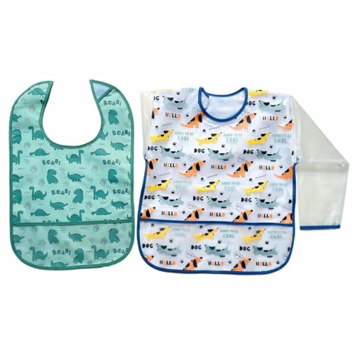 PUPPET Baby Bibs for Boys Waterproof Feeding Bibs for 6-24 Months, 2 Pack Sleeveless and Long Sleeved