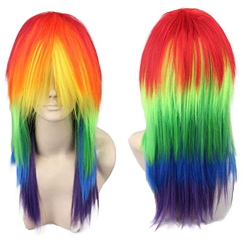 ANOGOL Hair Cap+ Rainbow Wig Scene Long Straight Colorful Synthetic Hair Pride Wigs Women Men Multi-Colored Wigs Anime Cosplay Halloween Costume Christmas Party LGBT Rainbow Outfit Mardi Gras Wig