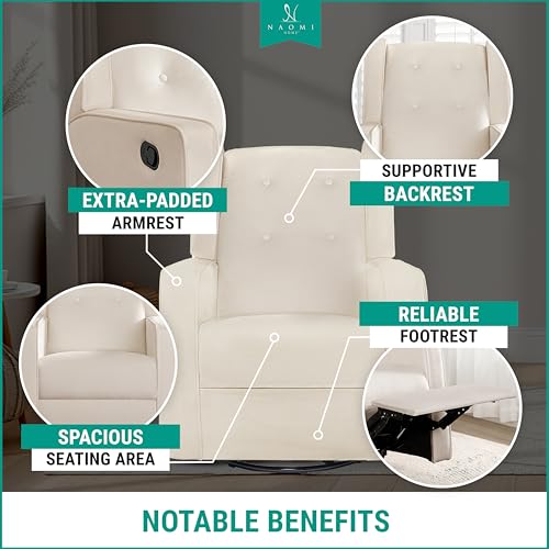 Naomi Home Relieve Muscle Aches with Nursery Glider, Upholstered Rocker Recliner Rocking Breastfeeding Maternity Chair with 360° Swivel, Soft Cushions for Nursing and Bonding, Reclining Chair - Cream